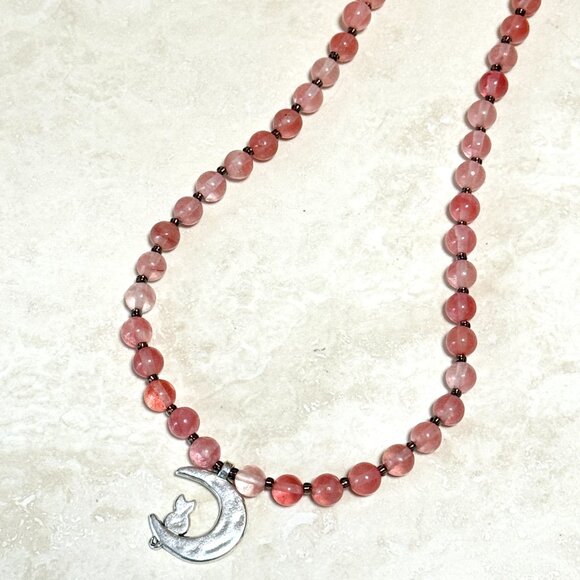 Cherry Quartz Short Necklace with Silver Cat on the Moon Pendant - Picture 7 of 13